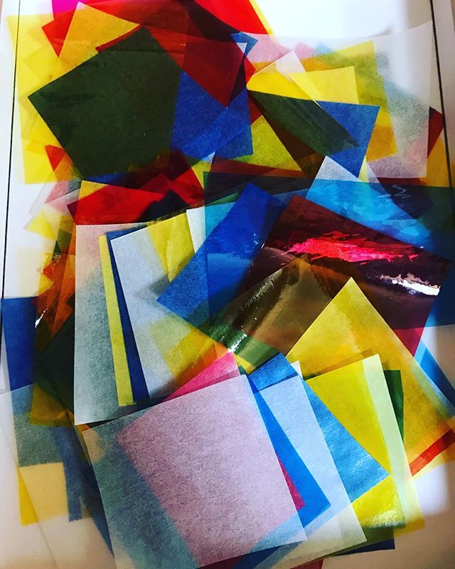 Prepping for a very special collage lesson. #collage #light #color #texture #shape #colormixing #transparent #translucent #opaque #shiny #glittery #scratchy #texture #openended #discovery #red #yellow #blue #gold #mixitup