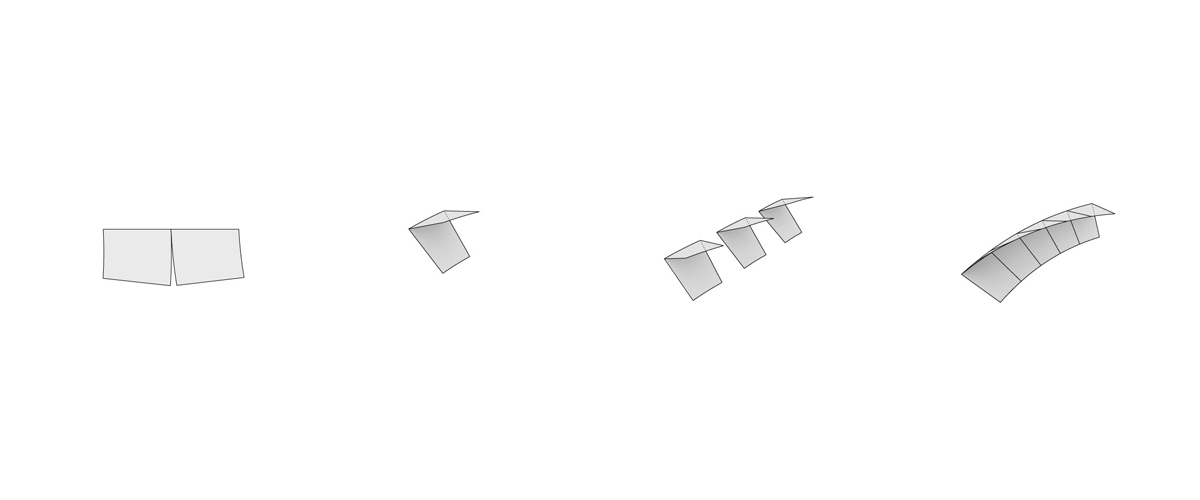 1. Unfolded steel sheet 2. Folded element 3. Identical stackable elements 4. Assemblage creates twist