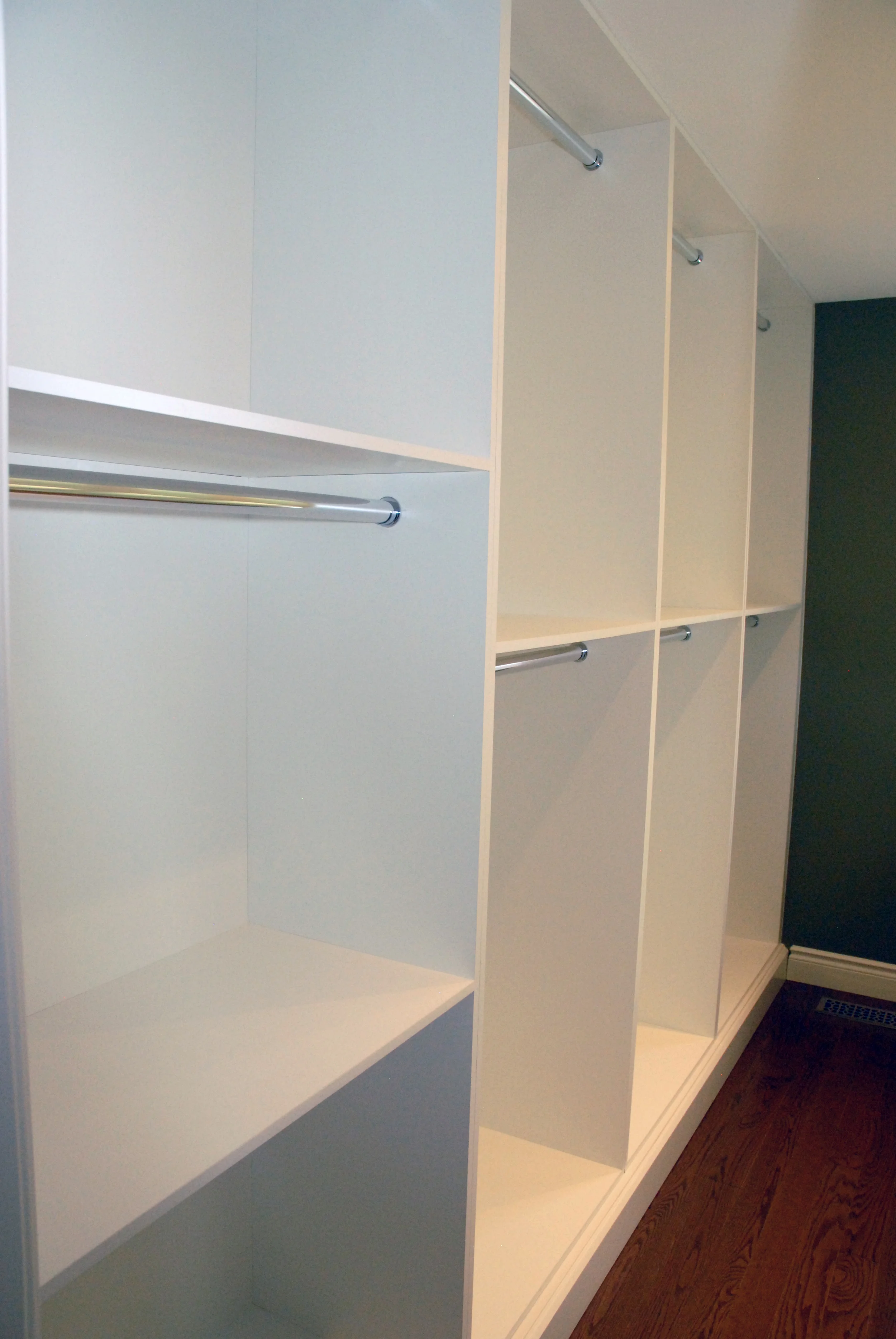 Open shelving for hanging storage of pants, shirts and full height clothing