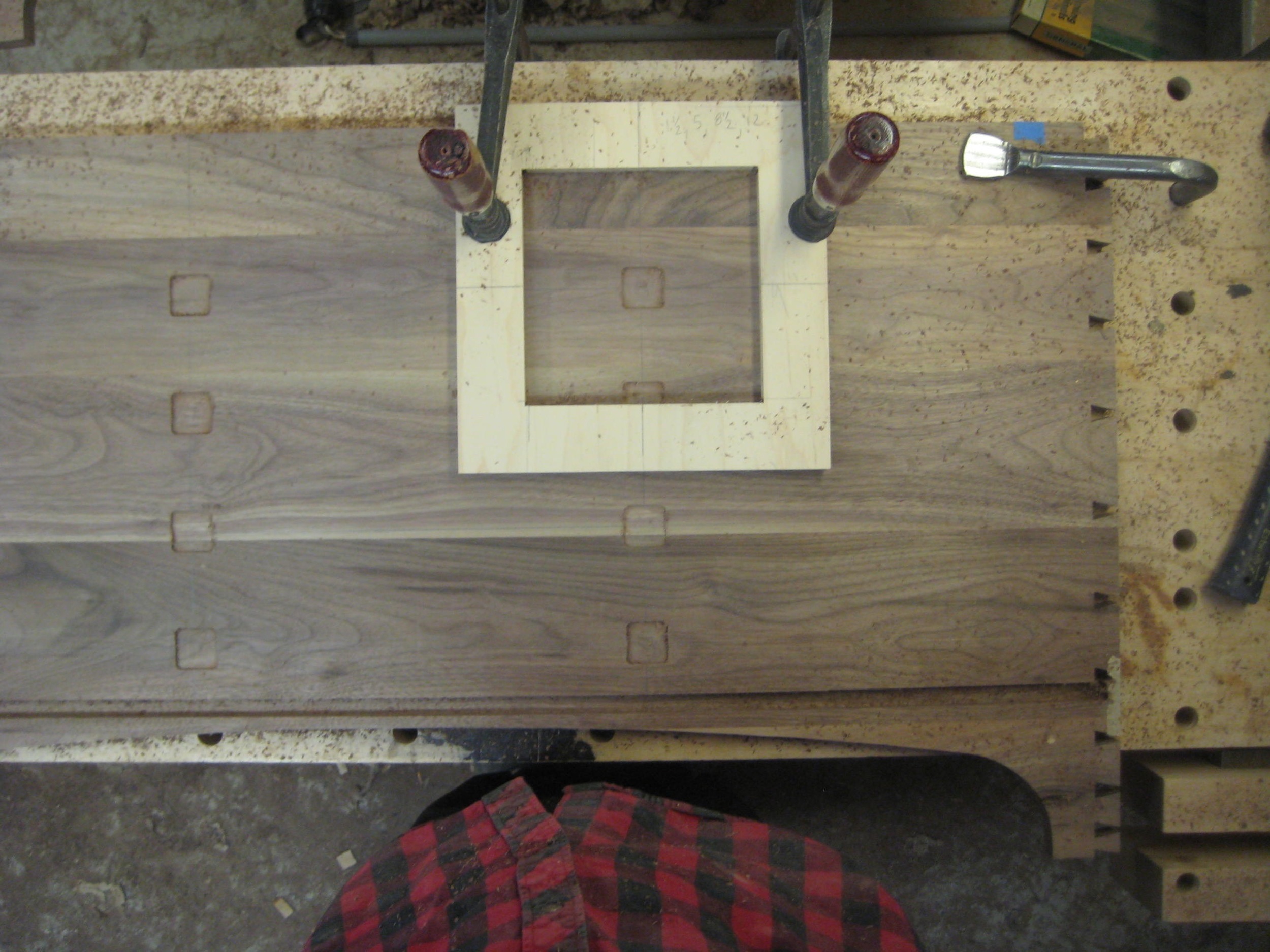 Milling out spots to embed the magnets in the front and back panels. This was slightly scary considering that I had already done all the dovetail joinery....probably 10 hours into this piece at this point. 