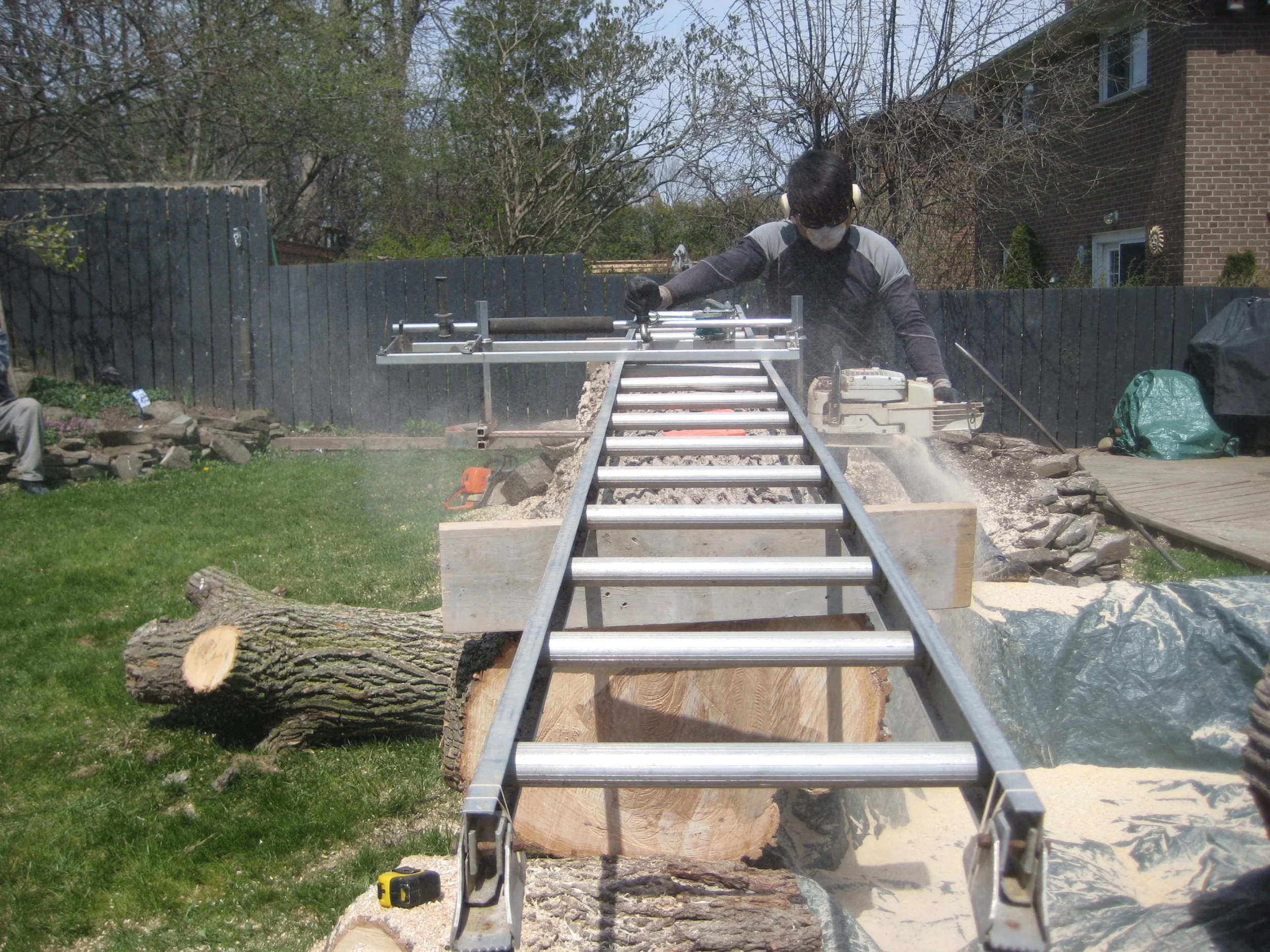 A look down the ladder as Chong cuts...