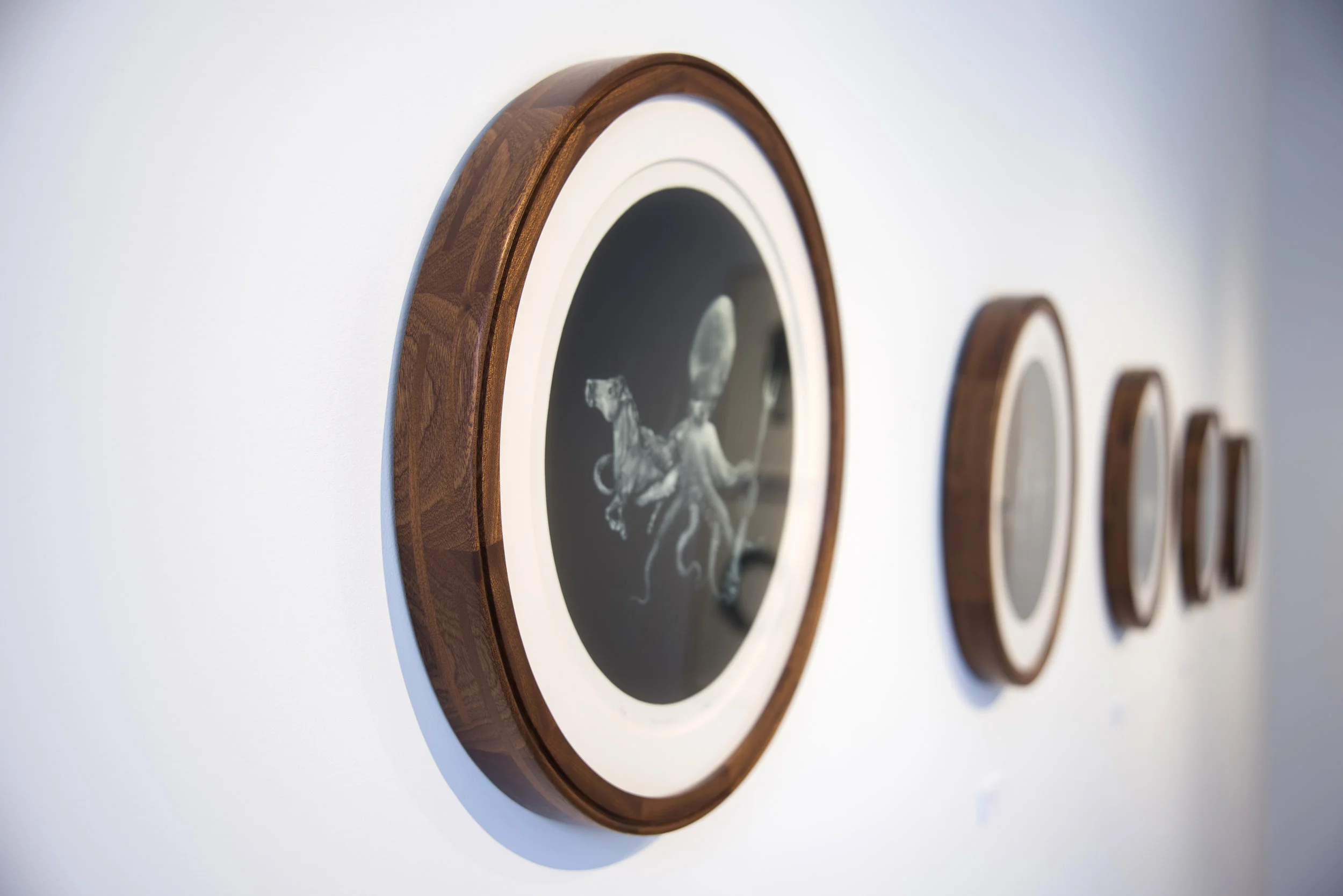 Custom Sapele frames for mezzotint prints by artist Laine Groeneweg