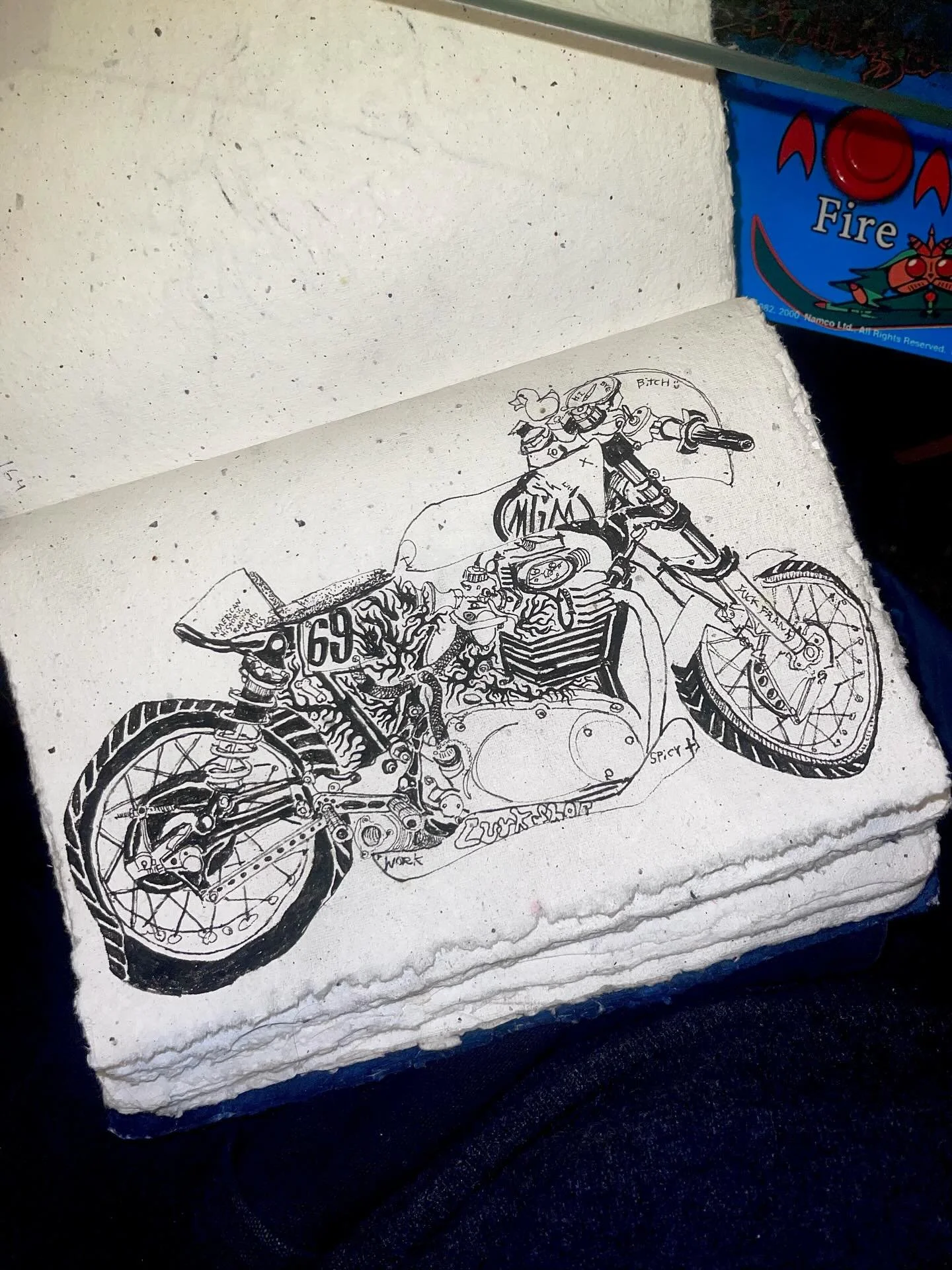 @cjdisdainsitall 
@mgm.racing 
@thelurkshop 
@ahrmaofficial 

Page 165 (CJs bike)
Ink on paper
250mm X 170mm
2026