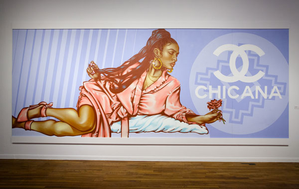 Chris Montoya. Hood Rich , 2016. Spray paint and acrylic on wood panel, 96" x 240". Photo by Essentials.