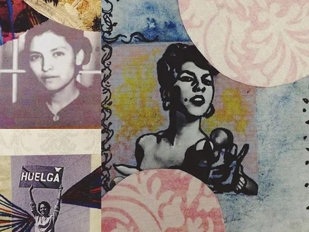 Detail of Stephanie Sandoval's Radical Latinas: Emma Tenayuca, Dolores Huerta and Carmelita Tropicana, mixed media, 2016.