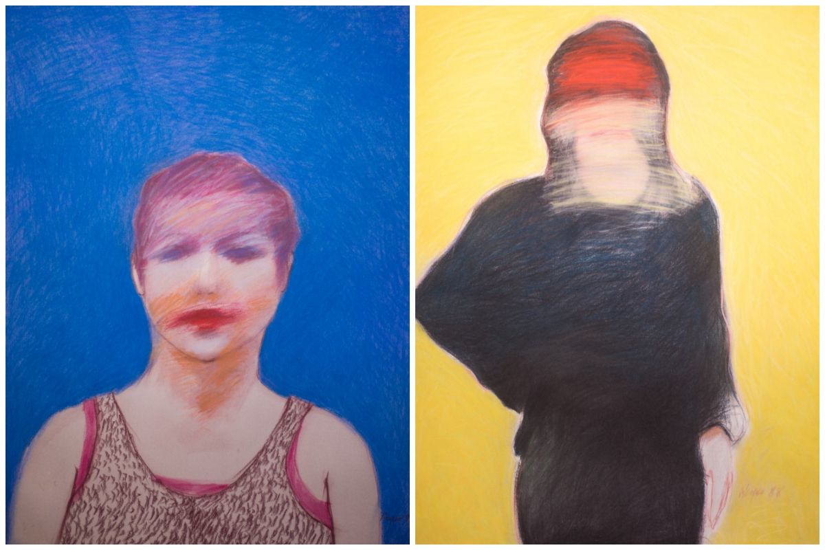 Left: Felipe Reyes, "Carmen", pastel, 1987. Right: Felipe Reyes, "Figure with Black Dress Looking Inward", pastel, 1988.
