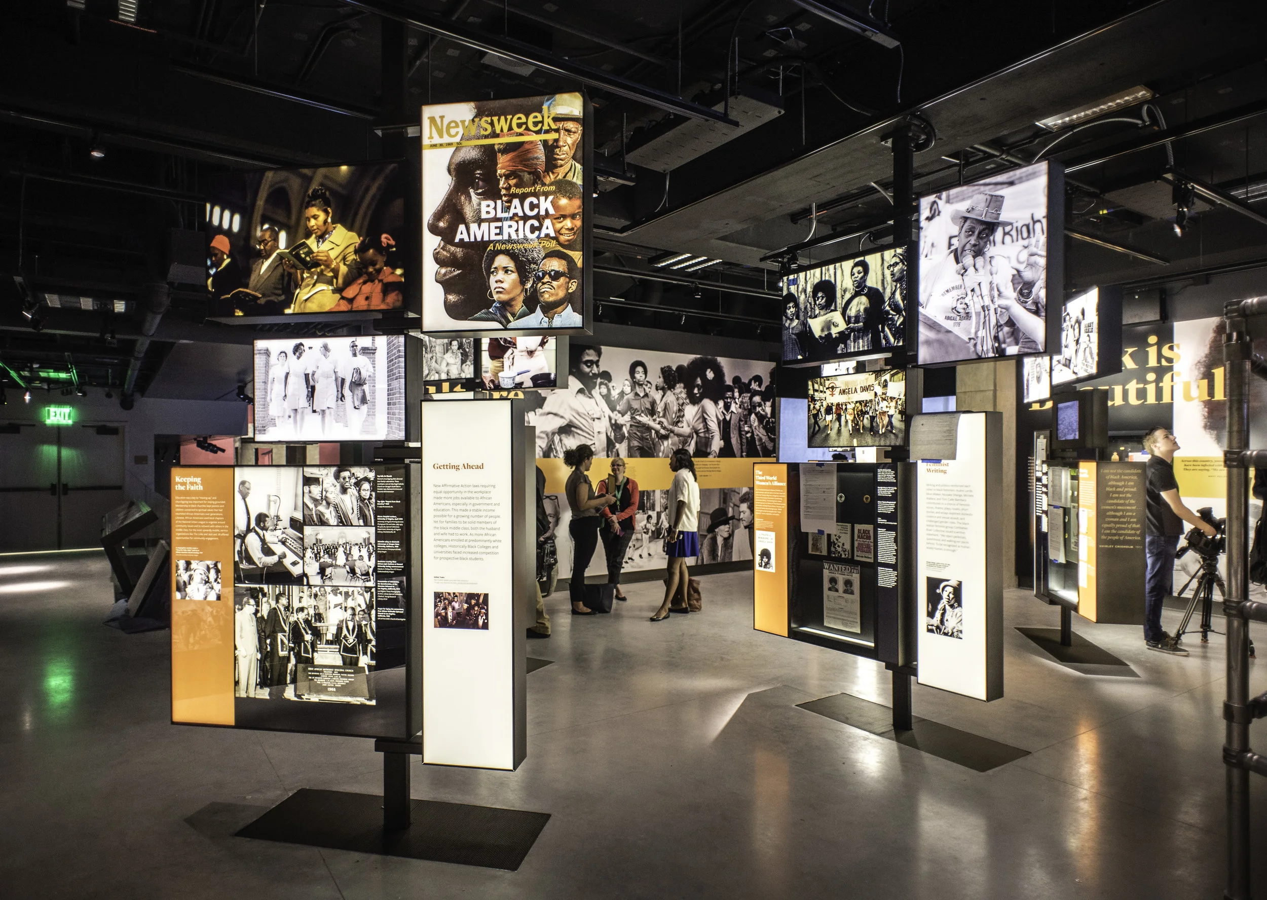 BEYOND 1968 MEDIA PICKETS. A centralized media “pendant” and audio program, coordinated with individual “picket” media, captures the spirit and energy of the pivotal events of 1968 using a compilation of archival footage. Photo credit: André Chung for Curbed