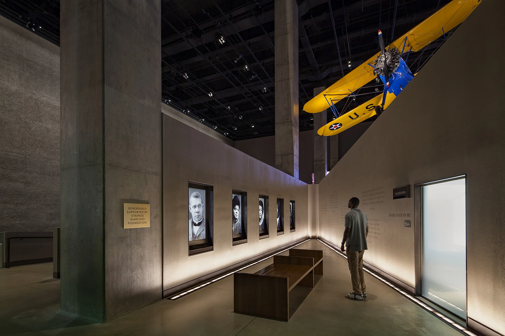 REFLECTIONS OF A GENERATION. Each History gallery has a space for reflection at the end of the gallery before rising up the ramps. The reflection spaces s urround the visitors with images and quotes from luminaries of the era. Photo credit: Ron Blunt
