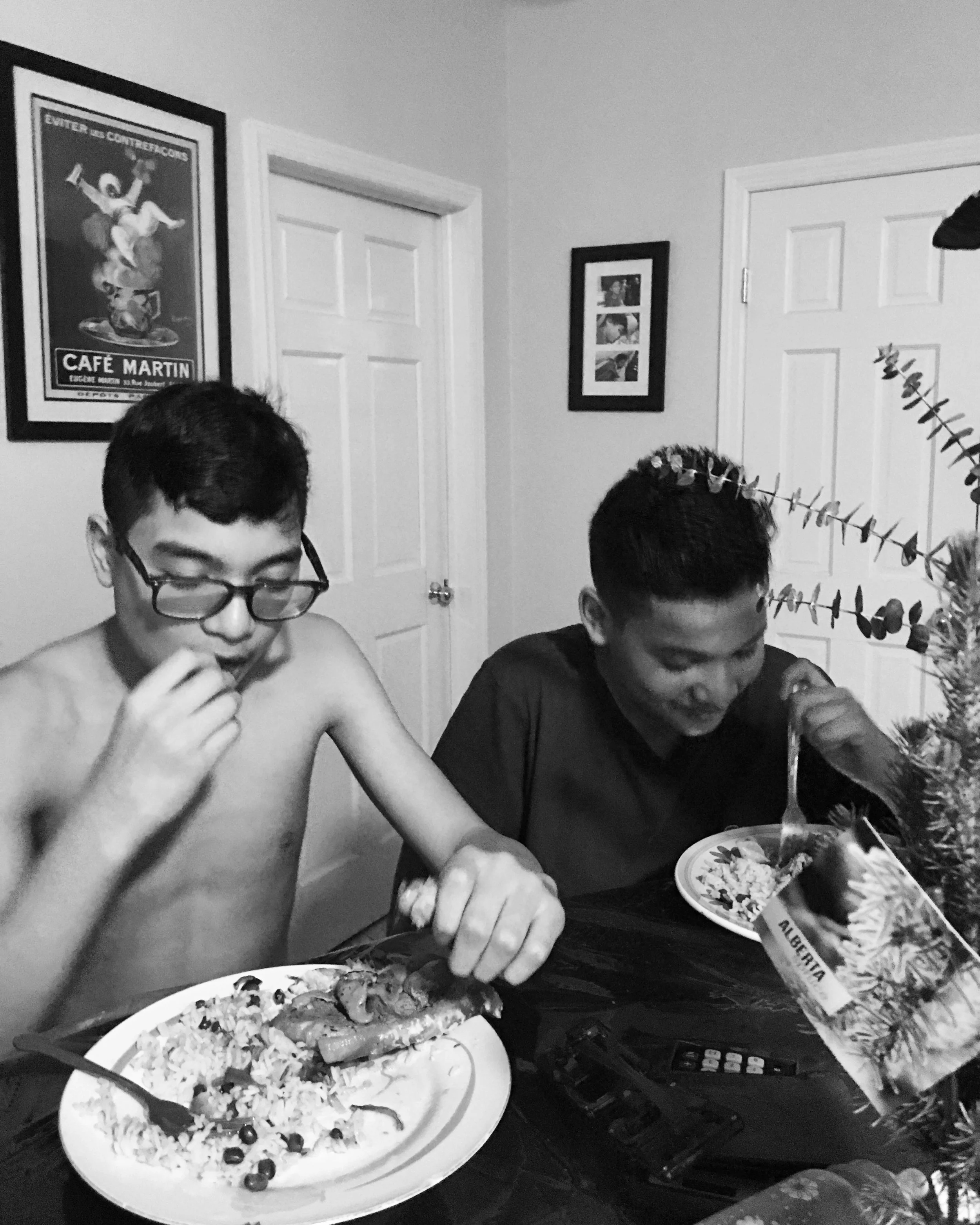Roman and Saul Vazquez enjoying New Years Eve Dinner.