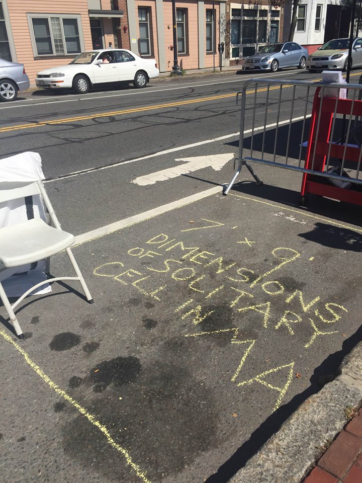 Park(ing) Day 2015, from Coalition for Effective Public Safety - CEPS FB page: "Some of the segregation cells in #MA are 7 feet by 9 feet. You can fit about 2 of them into a regular sized parking spot. Imagine being confined to less than a parking spot for a prolonged period of time. "