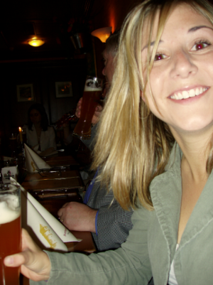 Marcela drinking at the beer hall