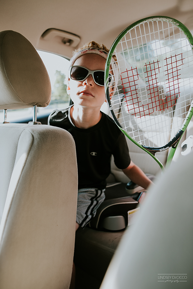 Tennis Camp drop off. Sweet headband, kid.