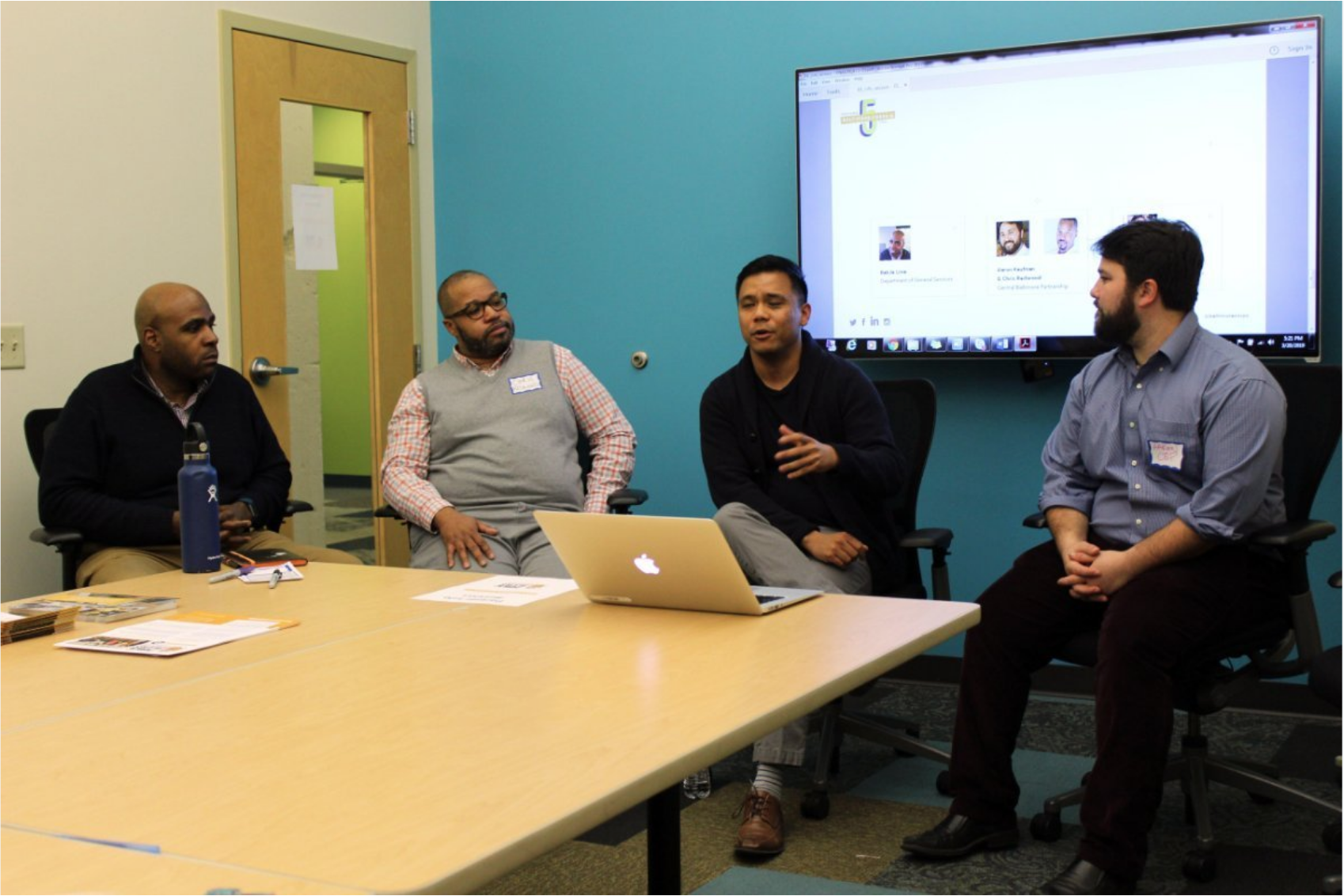 (L to R) Babila Lima of the Department of General Services; Chris Redwood, #BaltimoreCorpsFellow at Central Baltimore Partnership ; Brian Gerardo; and Aaron Kauffman, Community Projects Manager at Central Baltimore Partnership