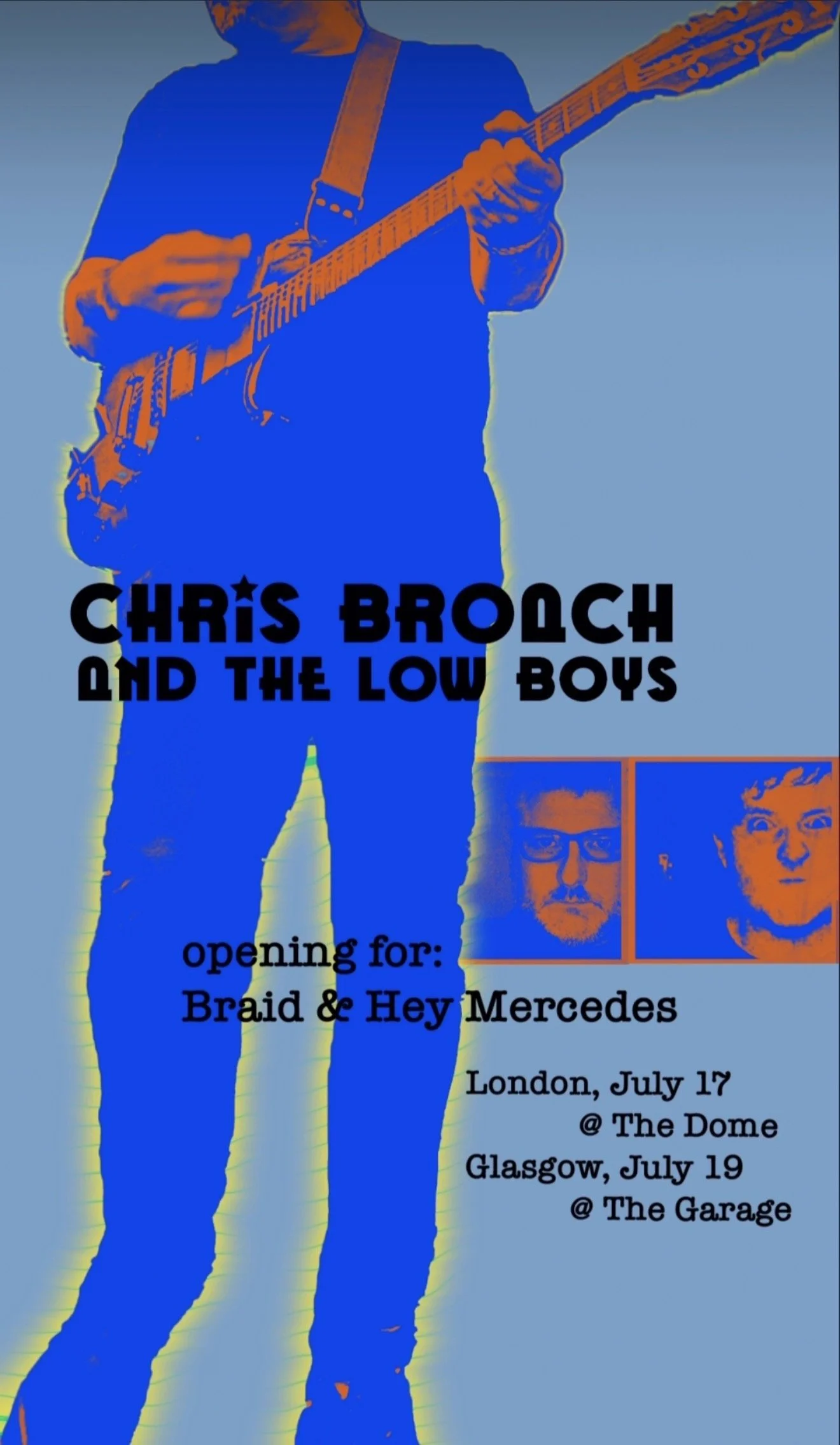 a picture of Chris Broach holding his guitar - with photobooth pictures of The Low Boys in the UK.  describing Chris Broach and the Low Boys opening for Braid and Hey Mercedes in London on July 17th and Glasgow on July 19th