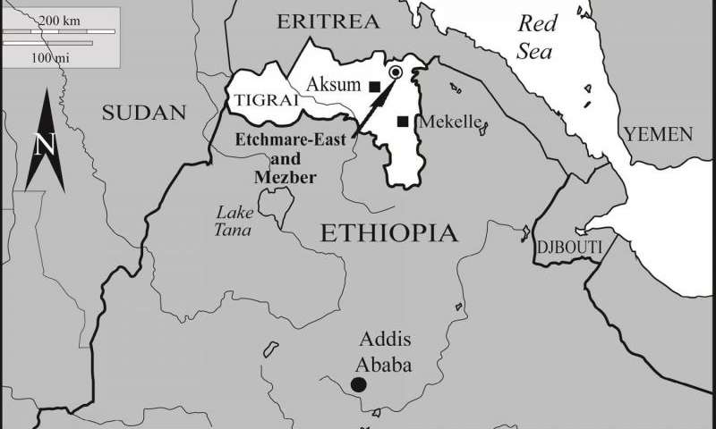 Location of the Mezber archaeological site, northern Ethiopia, where chicken remains excavated. Credit: H. Woldekiros and A. C. D'Andrea in the International Journal of Osteoarchaeology .