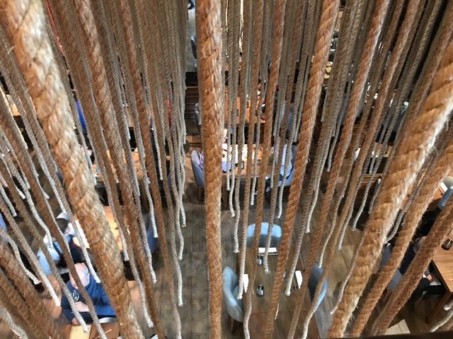 Ropes hanging down into the dining room, viewed from above