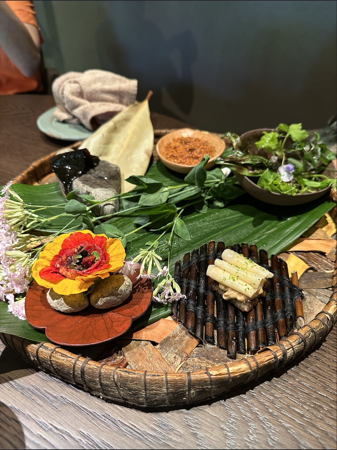 Japanese ryokan kaiseki dinner sets serve in family private room including  appetizer such as cherry blossom tofu, pork shabu hot pot and basket,  sashimi, fried and warm dishes and plum liquor Stock