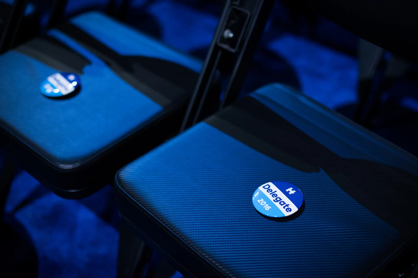 Buttons supporting Democratic U.S. presidential candidate Hillary Clinton sit on chairs for delegates at the Democratic National Convention Philadelphia, PA.