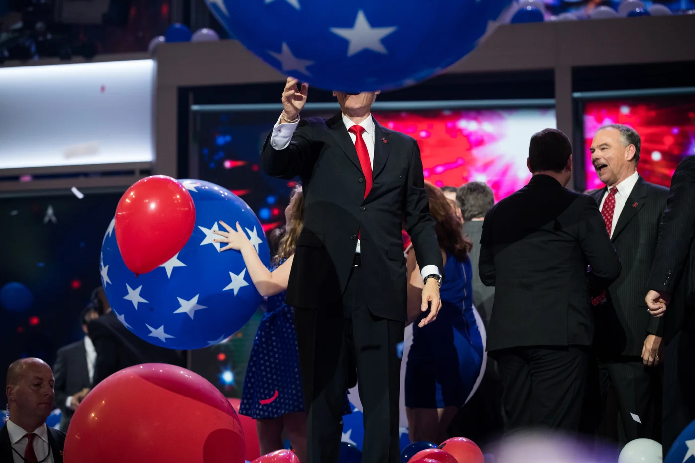Former U.S. President Bill Clinton plays with balloons on the last night of the Democratic National Convention in Philadelphia, PA.