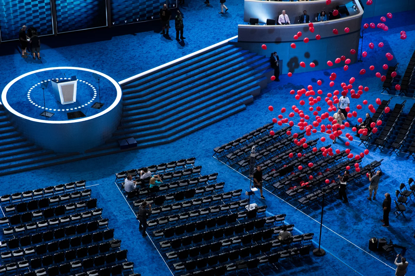 Balloons fall, unplanned, from the rafters the day before the start of Democratic National Convention in Philadelphia, PA.