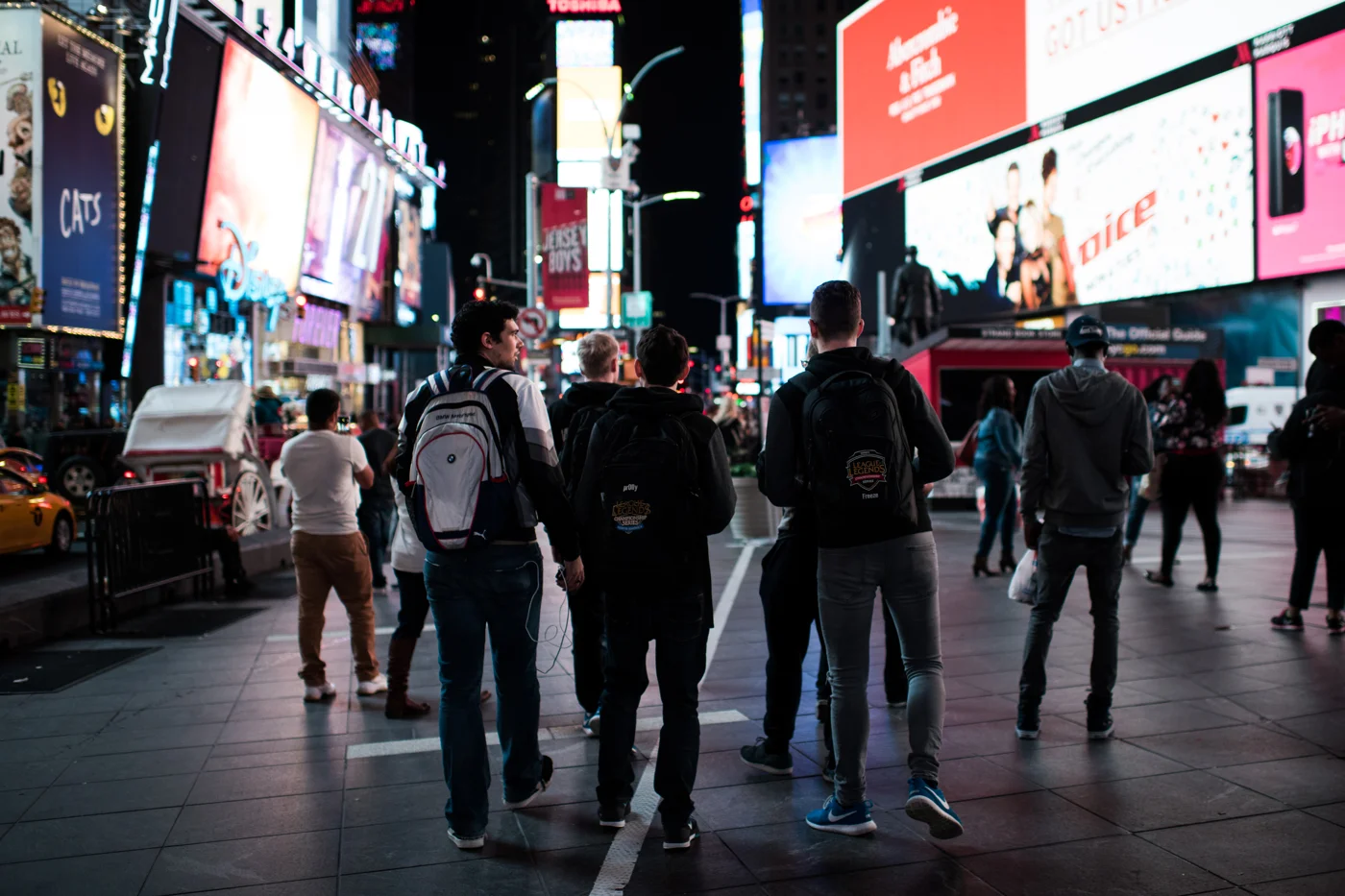 Members of H2k-Gaming walk through Times Square in New York, NY at 2AM, the day of their semifinal matchup with Samsung Galaxy for a chance to play in the League of Legends World Championship Finals.