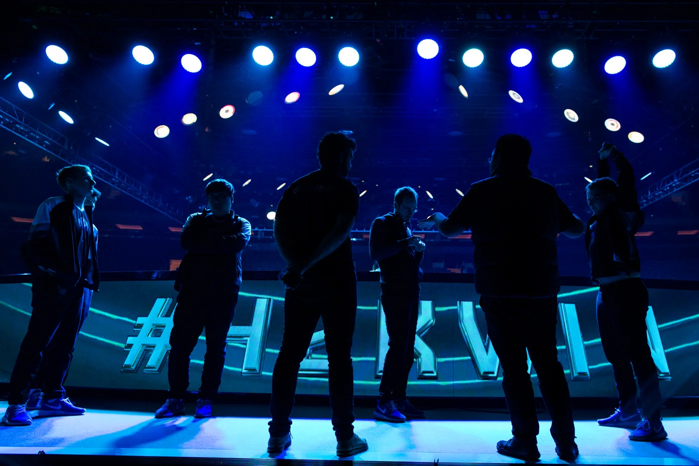 Members of H2k stand on stage during a rehearsal the day of their semifinal match in Madison Square Garden.