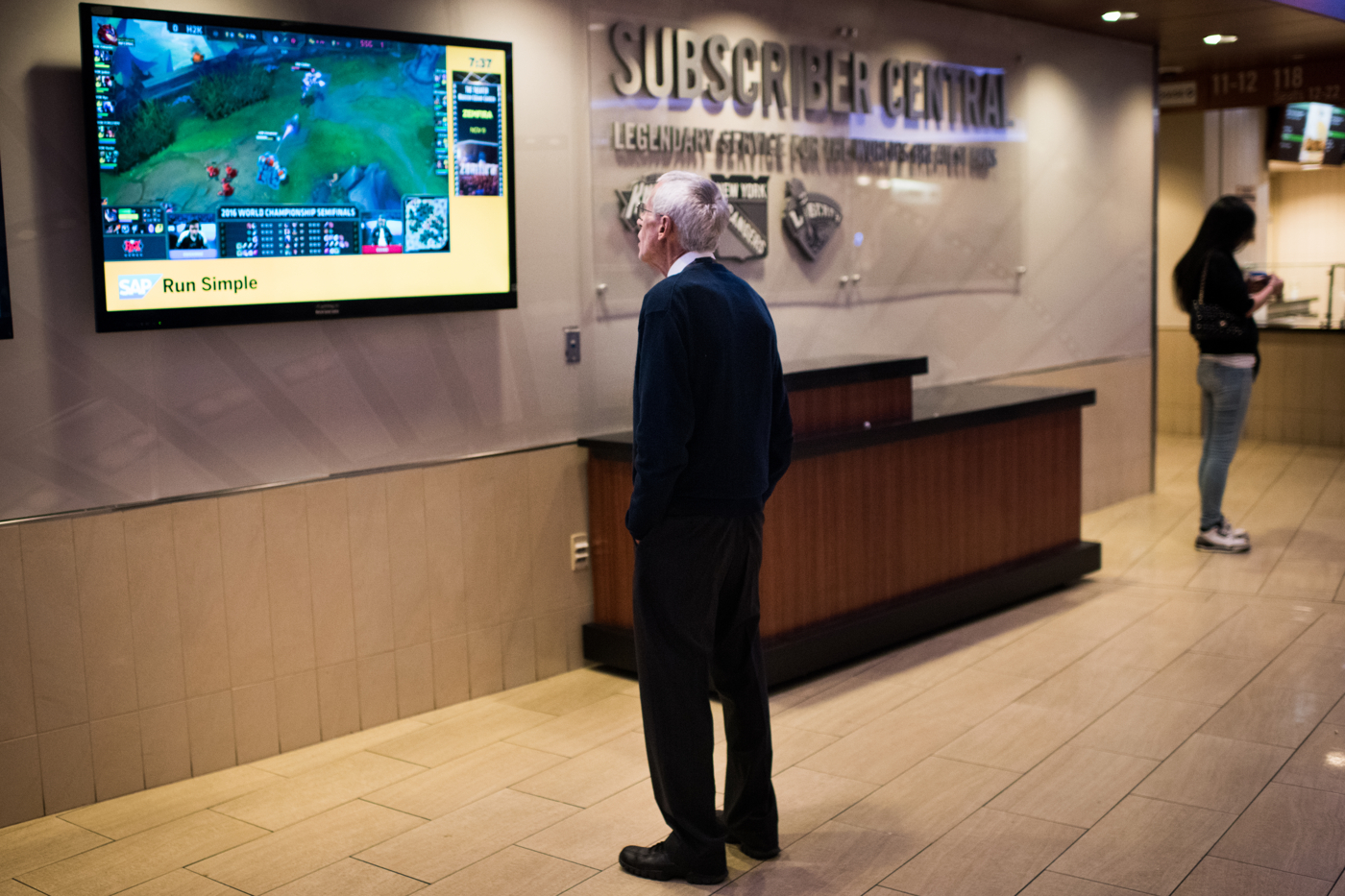  A member of the Madison Square Garden staff watches the League of Legends World Championship semifinal match between H2k-Gaming and Samsung Galaxy. 