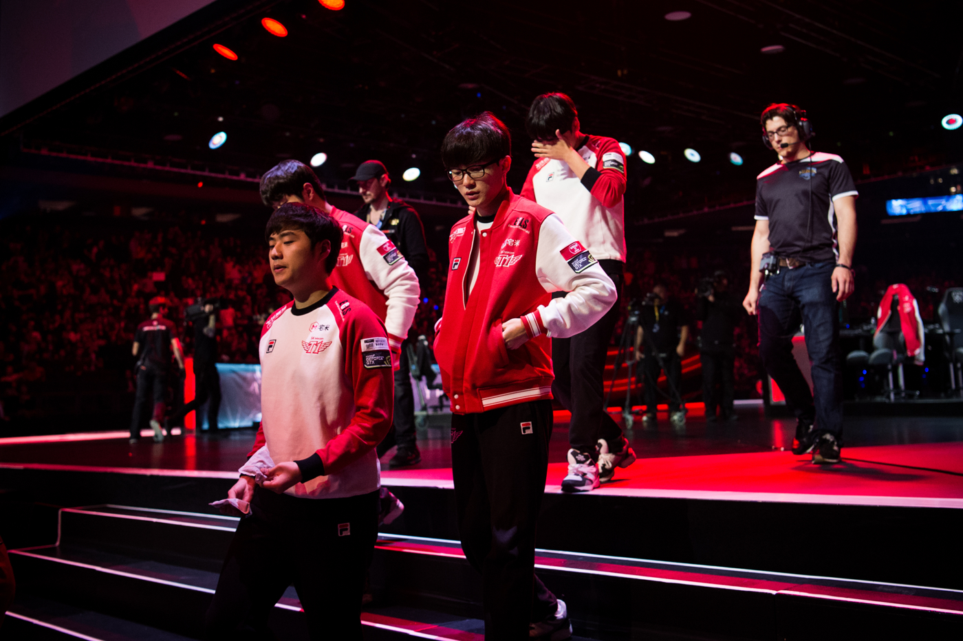 SK Telecom T1 players leave the stage after losing a game to ROX Tigers, putting the series at 1-1. Mark Kauzlarich for TIME