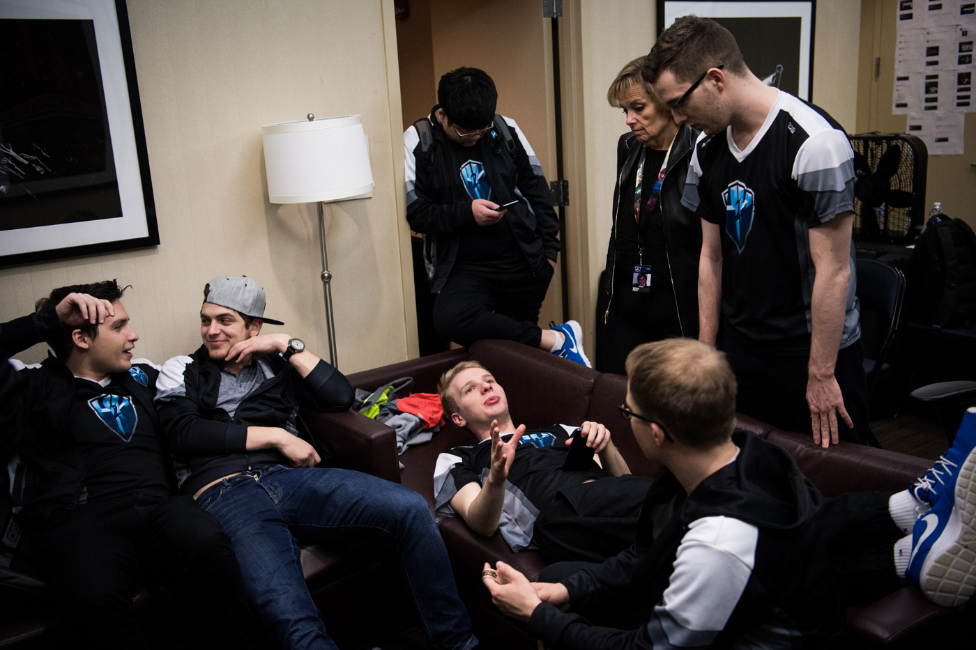  H2k players, staff, and ownership talk after after the team's 3-0 loss to Samsung Galaxy. The mood in the room was relatively subdued but some rebounded more quickly after starting to talk about plans to return home, where most of them had not been 