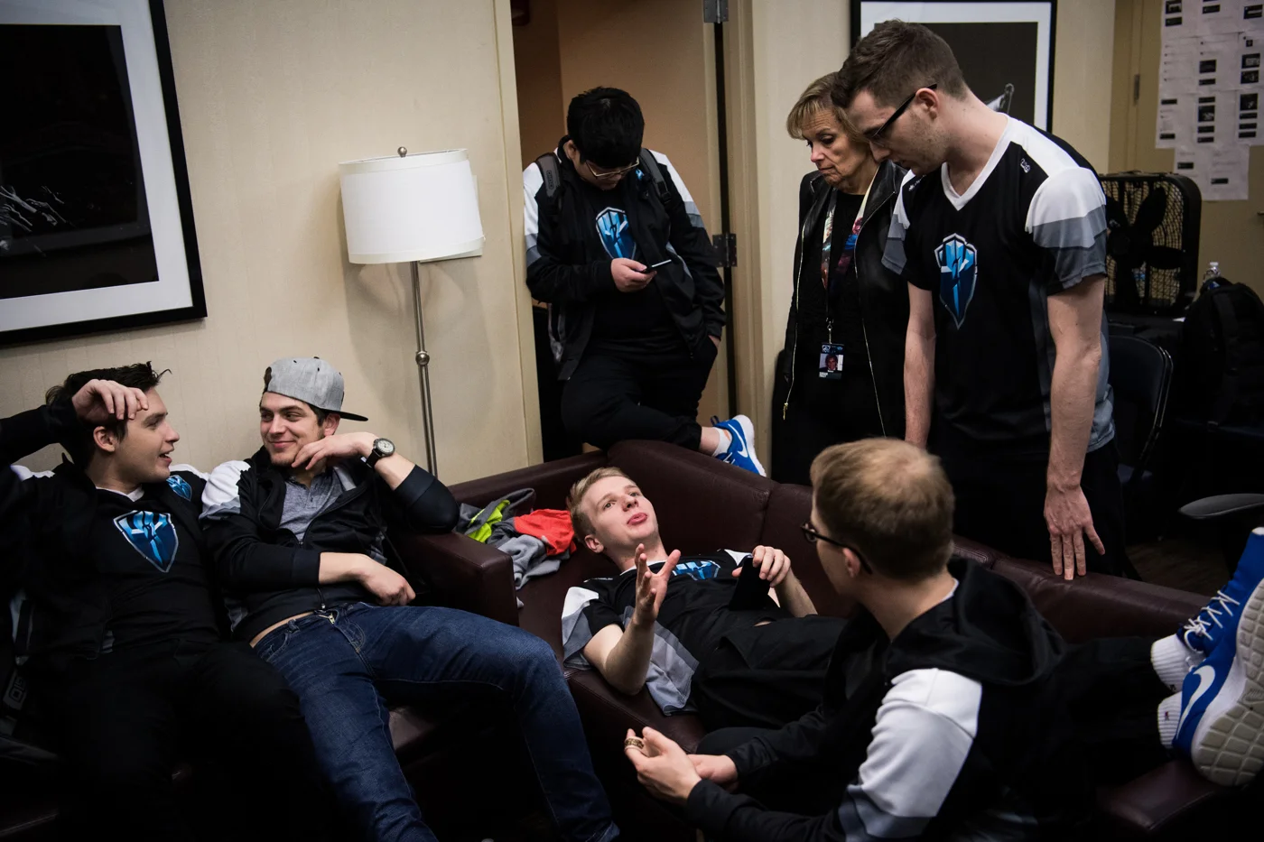 H2k players, staff, and ownership talk after after the team's 3-0 loss to Samsung Galaxy. The mood in the room was relatively subdued but some rebounded more quickly after starting to talk about plans to return home, where most of them had not been in many months.