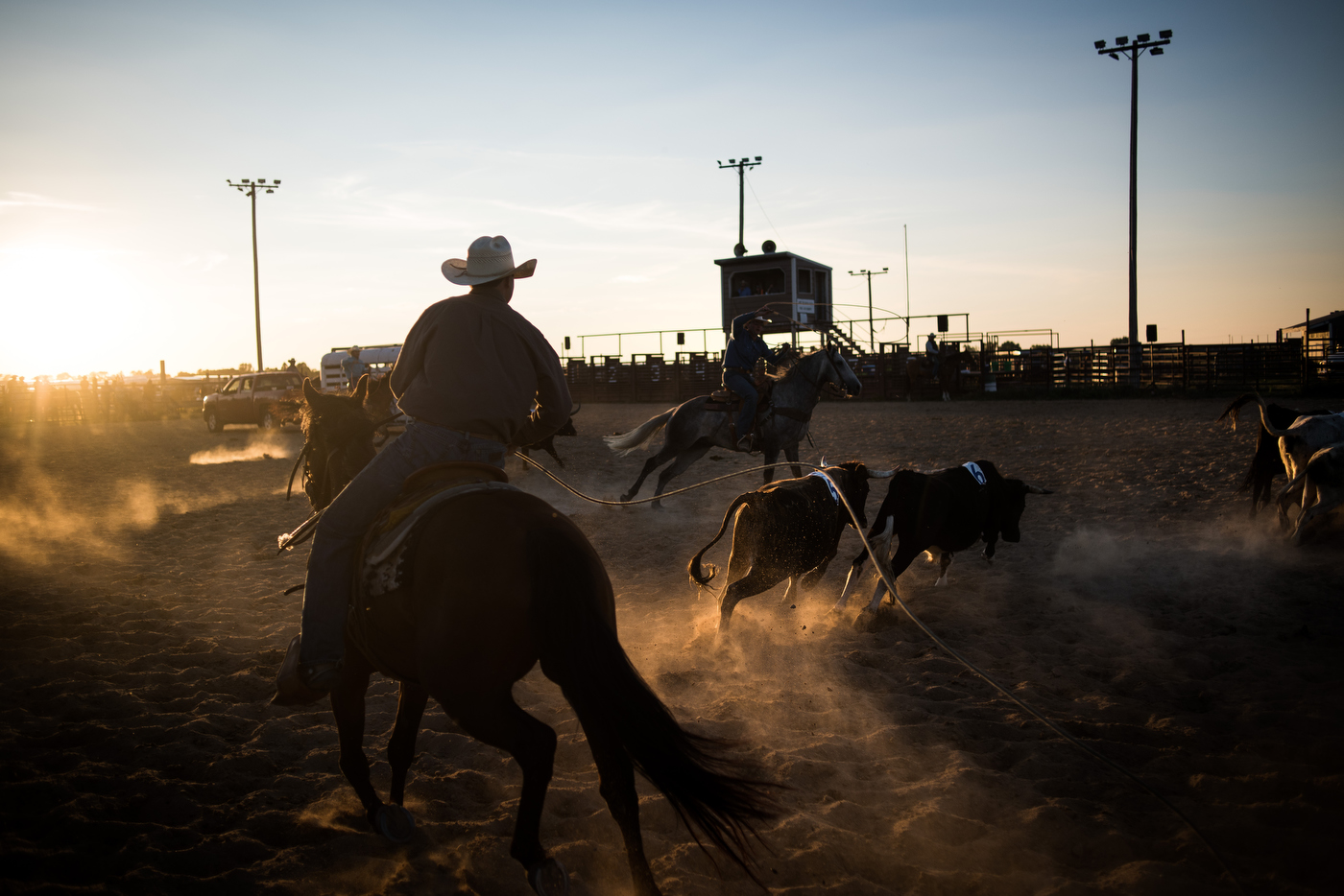  45°31'27.4"N 102°28'11.2"W. 111 miles from the nearest McDonald's.  Cowboys compete in a ranch rodeo at the Perkins County Fairgrounds in Bison, SD. Ranch rodeos, unlike rodeos shown on television or seen around much of the country, are team events 