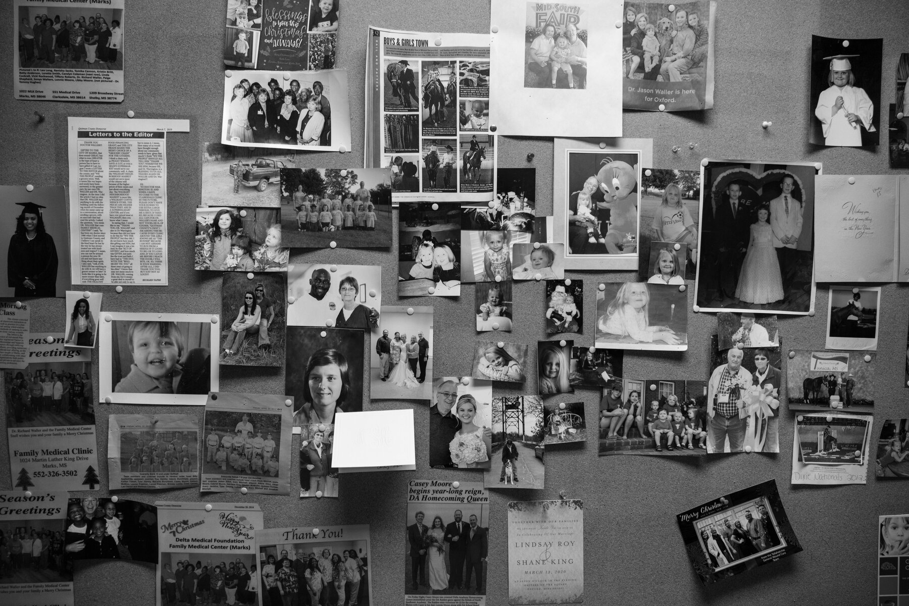  Photos from patients hang on a board at the clinic of Dr.  Richard Waller in Marks, MS. Dr. Waller and his partner (and uncle) Dr. James Warrington owned the Quitman County Hospital since 1973, shortly after it opened, and it was “in the hole” when 