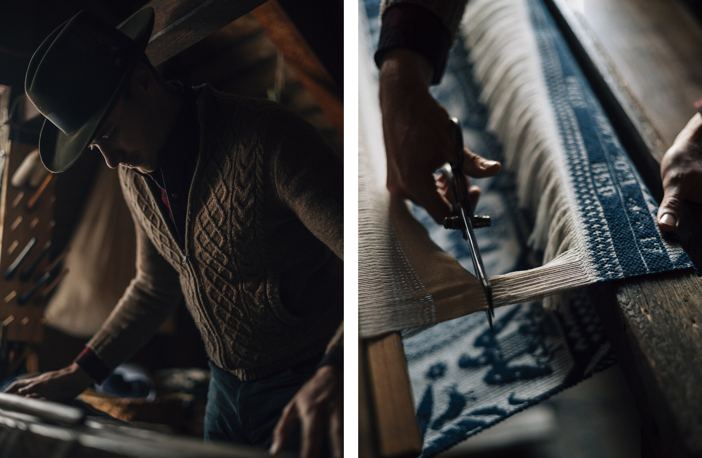  Justin Squizzero working on a loom that holds his 1860s-era Jacquard head in the unfinished attic, or garret, of his farmhouse built circa 1810 in Newbury, VT. 