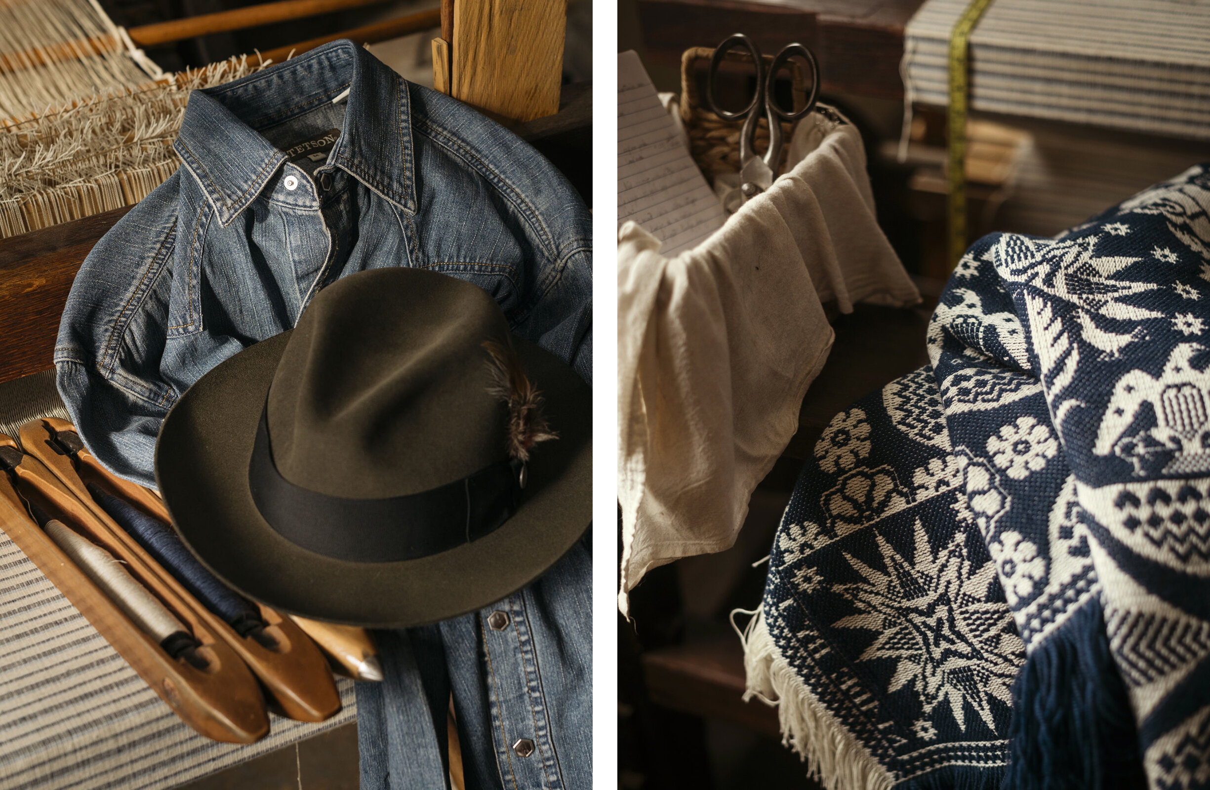  A Stetson hat, denim shirt, and one of Justin Squizzero’s figured coverlets. 