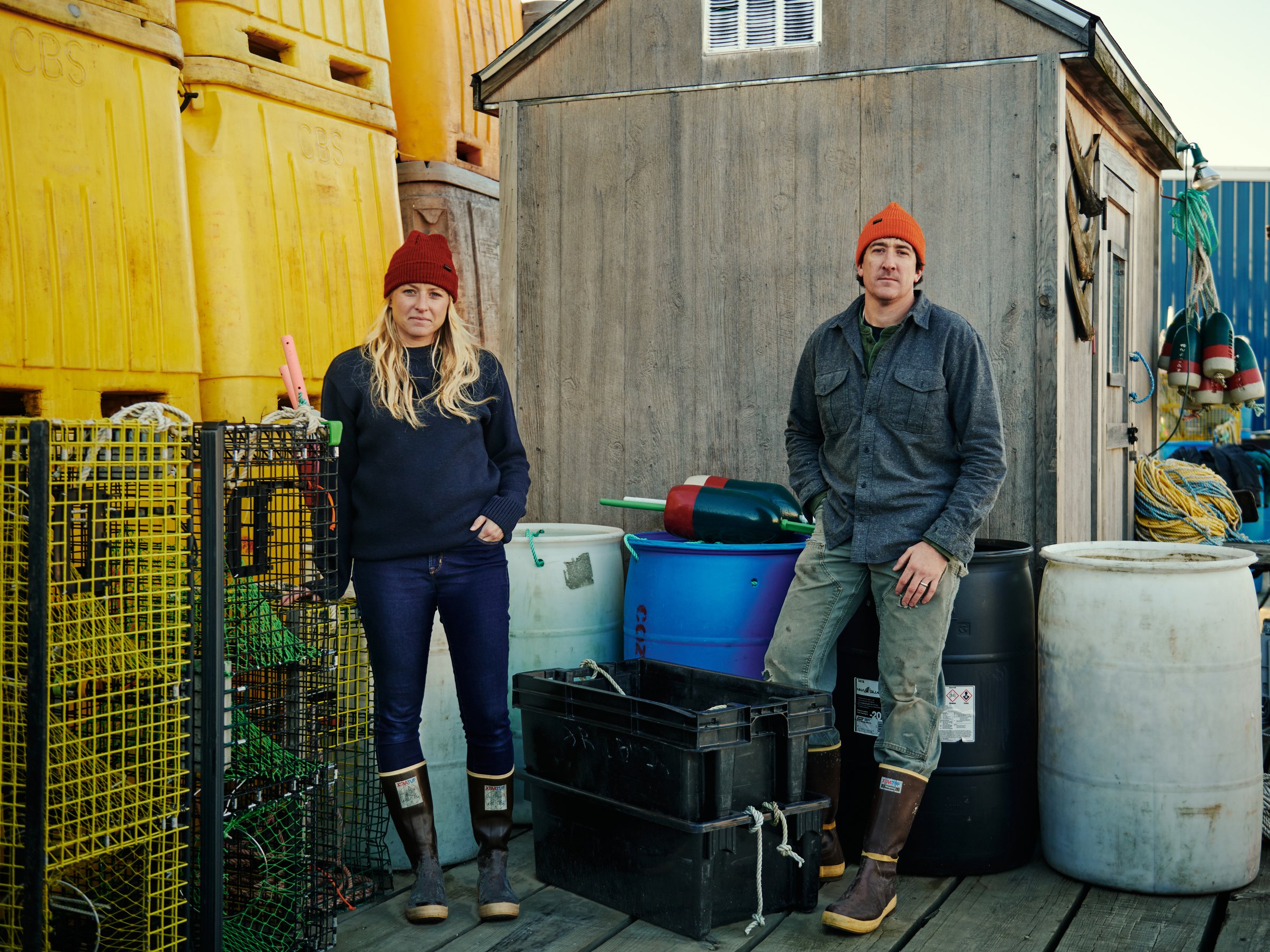  Taylor and Nikki Strout, owners of Rugged Seas, and Taylor’s father Frank Strout in Portland, Maine for Filson 