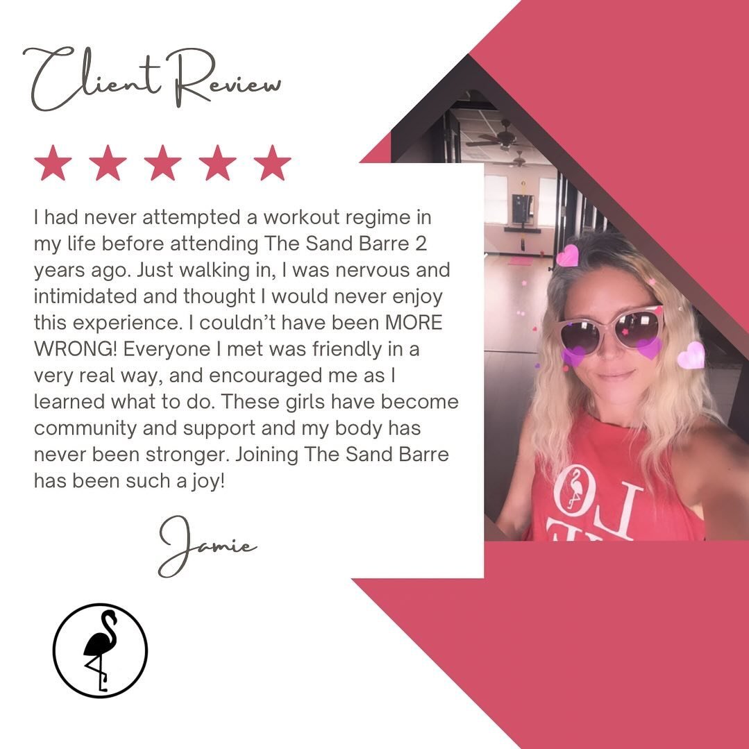 Thank you, Jamie, for being such a special part of our community and sharing your experience! 🤩#weloveyourface 

#clientreview #sandbarrefam #youbelonghere #jointheflock #fitnessnaples #barre #bounce #trampolineworkout #trx #strength #stretch #funct