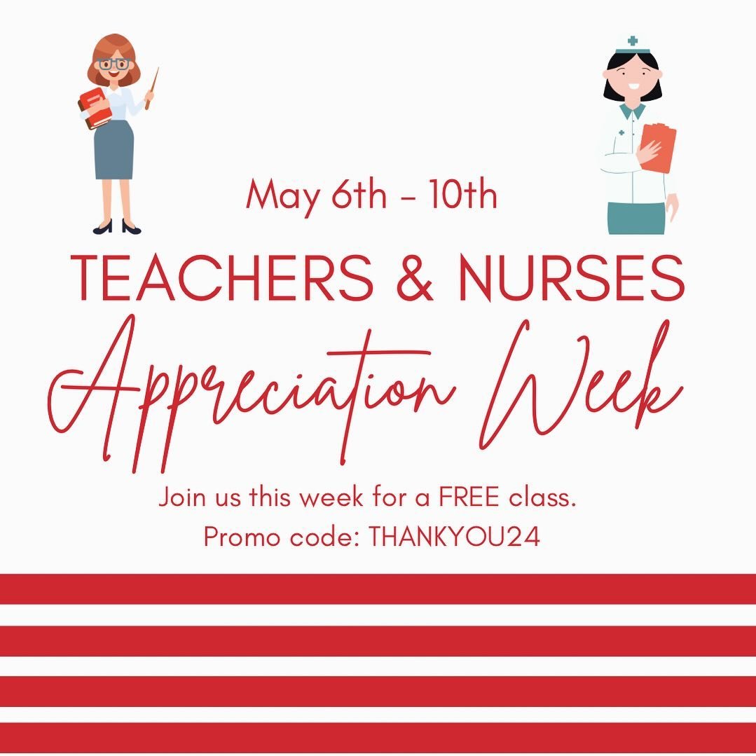 Calling all teachers and nurses! 👩&zwj;🏫👩🏻&zwj;⚕️ As a token of our gratitude for all that you do for our community, we&rsquo;re offering you a complimentary class this week! 🤗

Use promo code THANKYOU24 upon booking.  Present verification upon 
