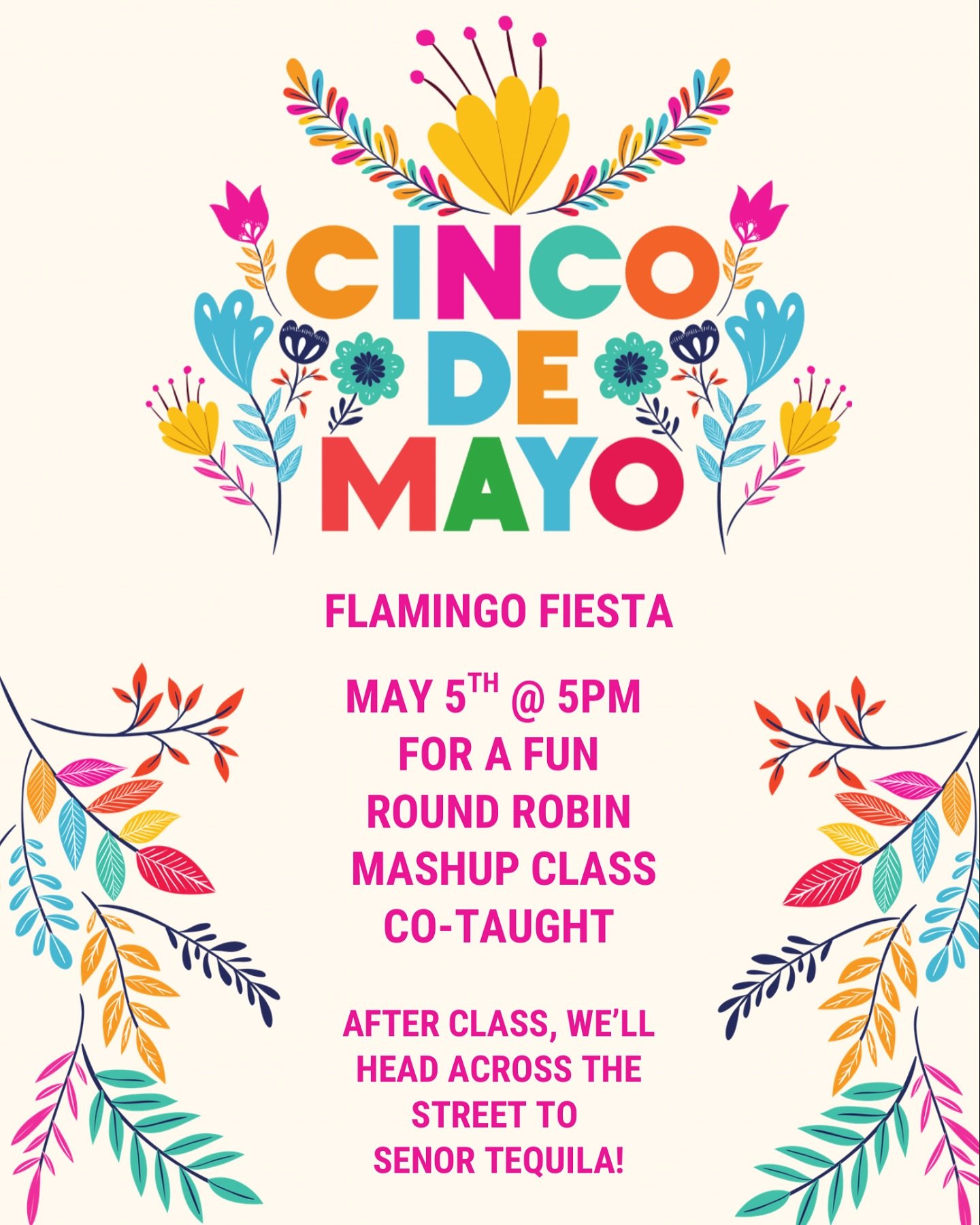 Shake your maracas and move with the flock&mdash; our Cinco de Mayo mashup is almost here! 🪇🦩This round robin-style class features a fun mix of formats led by a few of your leaders of the flock. Expect high energy and a whole lot of sweaty fun. 💃
