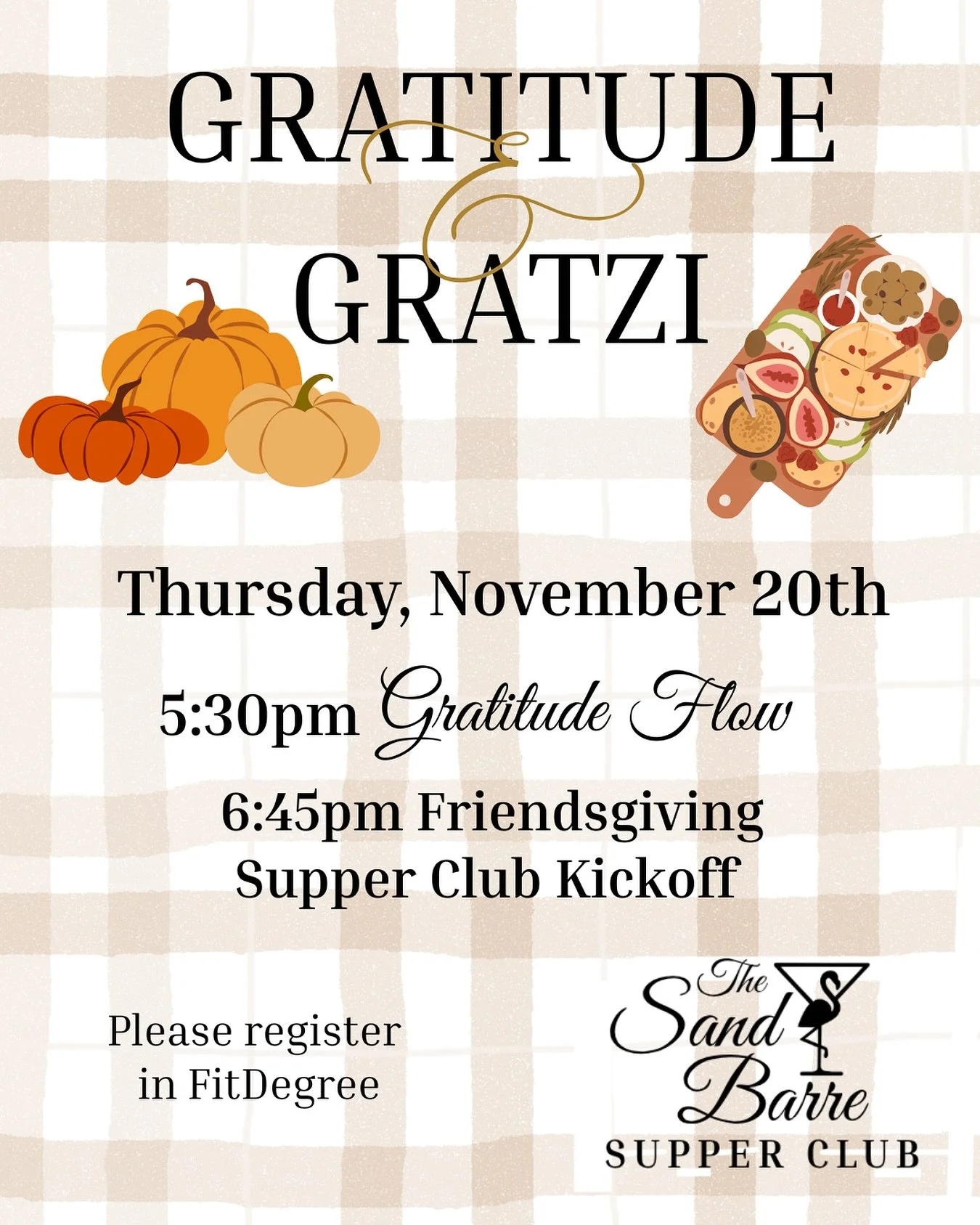 GRATITUDE &amp; GRATZI 🤎🧡

We&rsquo;re kicking off our new Supper Club this Thursday with a Friendsgiving-style evening &mdash; and you&rsquo;re invited!

🕯 5:30pm | Gratitude Flow
A moment to slow down and reset during this season of thanks &mdas