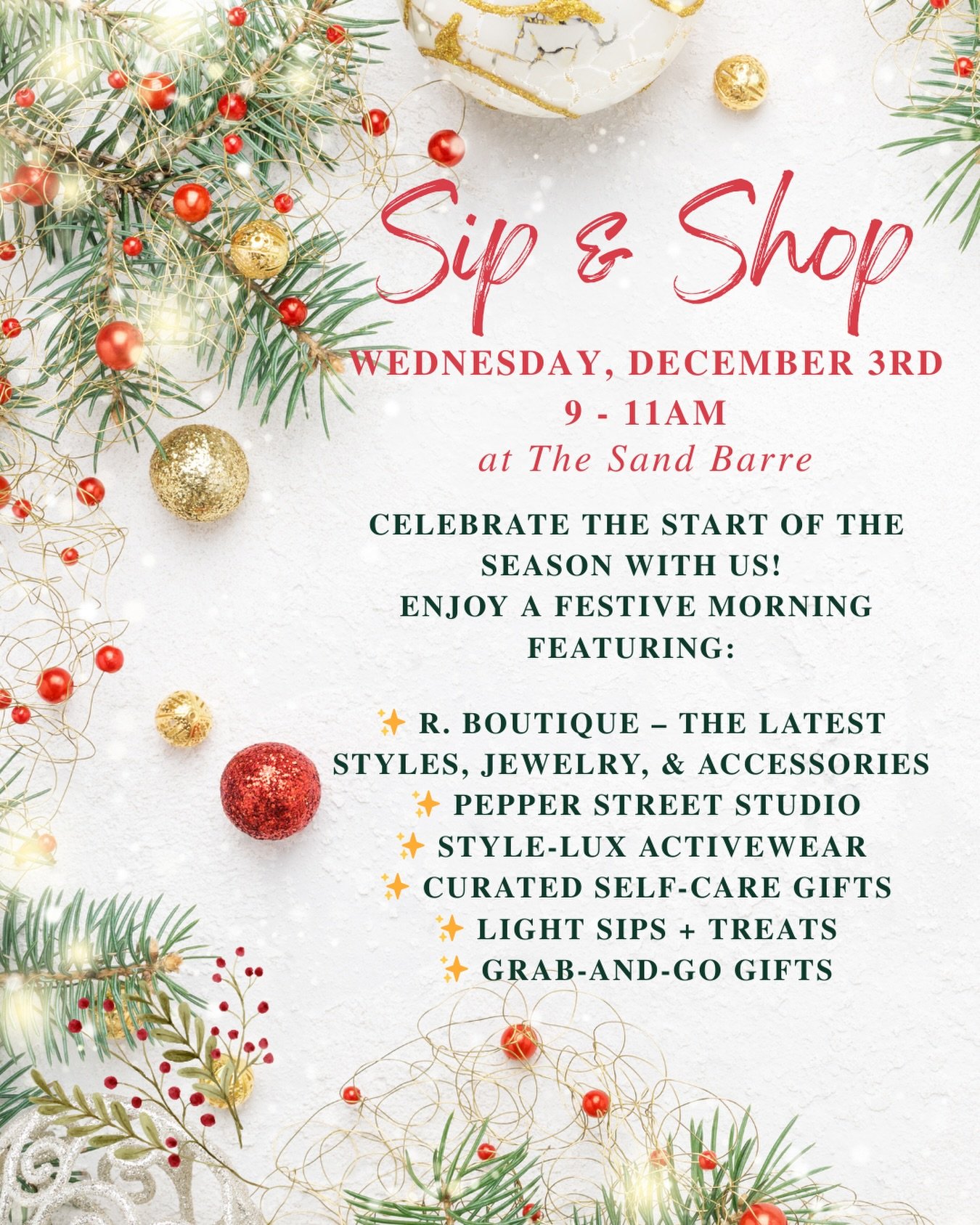 Sip, shop + celebrate the season with us! 🎄✨

Join us Wednesday, December 3rd from 9&ndash;11 AM for our annual Holiday Sip &amp; Shop at The Sand Barre &mdash; a festive, easy morning to pick up gifts (or treat yourself!).

We&rsquo;re bringing tog