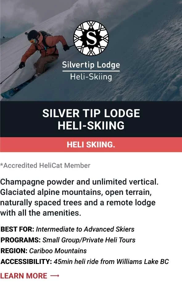   SILVER TIP LODGE HELI-SKIING   Champagne powder and unlimited vertical. Glaciated alpine mountains, open terrain, naturally spaced trees and a remote lodge with all the amenities.     Best For:  Intermediate to Advanced Skiers   Programs:  Small Gr