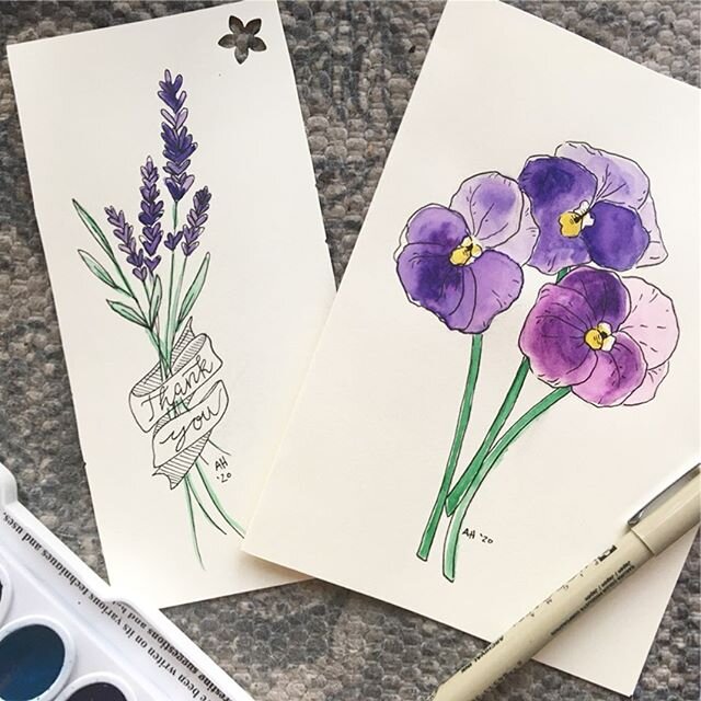 It&rsquo;s been a while... I need to start on some new projects. These were two small gifts I created last week. 😊 &bull;
&bull;
&bull;
#sharethelove #violets #flowers #lavender #purple #thankyou #birthday #watercolor #art #artstagram 🌱💐