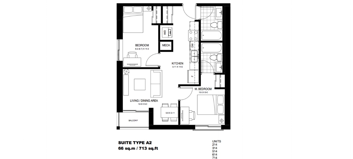 2 Bedroom Suite A2. $1,750 / month SOLD OUT Click For Virtual Tour