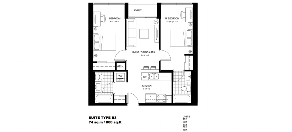 2 Bedroom Suite B3. $1,775 / month SOLD OUT Click For Virtual Tour