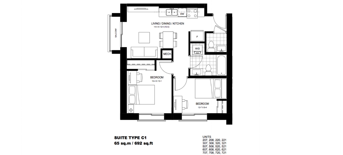 2 Bedroom Suite C1. $1,700 / month SOLD OUT Click For Virtual Tour