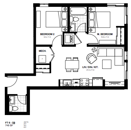 2 Bedroom Suite Ft 6. $1,700 / month SOLD OUT Click for Virtual Tour