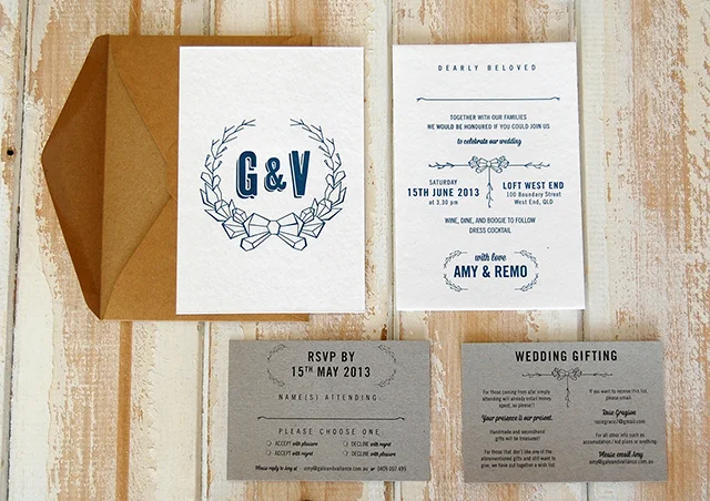 A lovely letterpress wedding invitation suite designed and printed by Little Peach Co. (G&V logo designed by Thea Skelsey and Gale & Vallance). Photo: Little Peach Co.