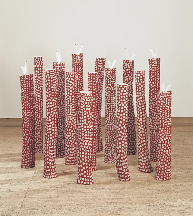 Ron Yunkaporta, QLD b. 1956, Wik-Ngathan people, Thuuth thaa'munth (Law Poles) 2002-03. Cottontree wood (Hibiscus tiliaceus), ibis feathers, bush string with natural pigments. Commissioned 2002 with funds from the Queensland Art Gallery Foundation. Collection: Queensland Art Gallery