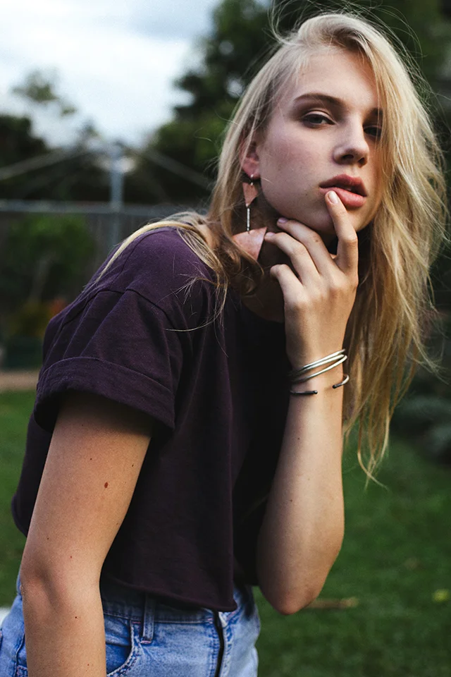 Shapes Statement Earrings - Triangle, Matchstick stacking bangles. Photo: Andrea Jankovic