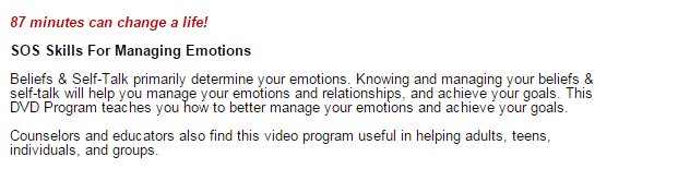 sos help for emotions uses rational emotive behavior therapy, rebt, and mindfulness to reduce anxiety, anger. and depression.